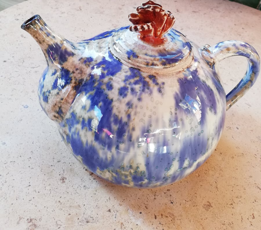Wonderful two lid blue on eggshell white glaze ceramic teapot