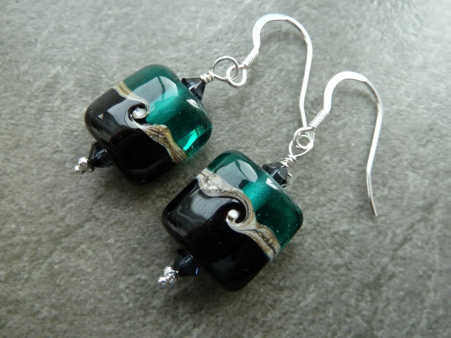 sterling silver, teal and black lampwork glass earrings