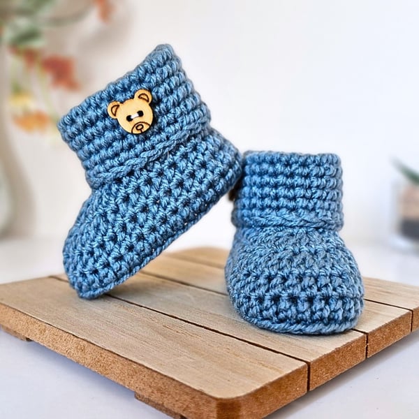 Crochet Baby Booties with Teddy Button – Handmade Gift for Newborn to 6 Months