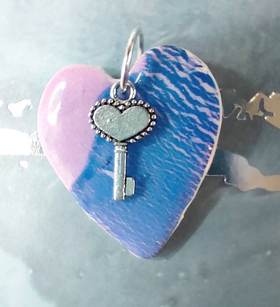 Polymer Clay Heart Pendant With Key Charm