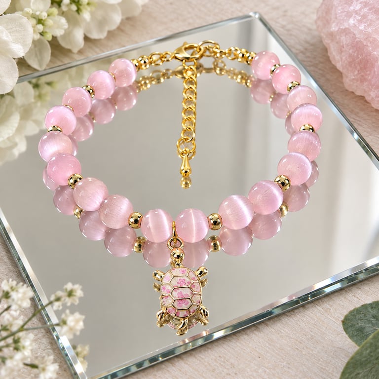 Pink Cat's Eye Bracelet with Turtle Charm