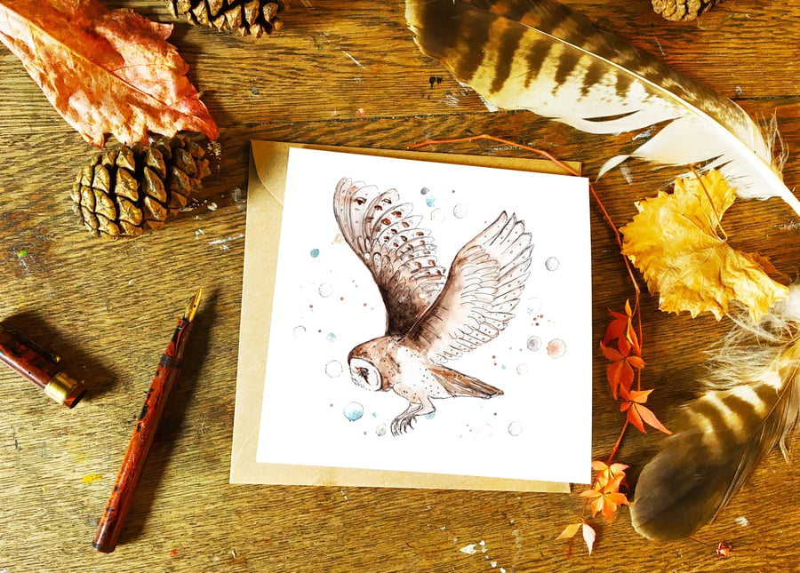 Barn Owl Greeting Card Countryside Woodland Owls Animal Cute Bird of Prey Autumn