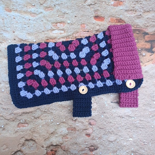 Purple blue crochet coat for small dog, granny square dog sweater