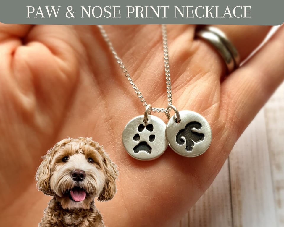 Silver Dog Paw & Nose Print Necklace: Pet Memorial Keepsake