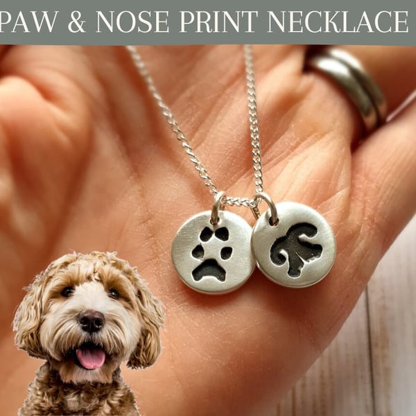 Silver Dog Paw & Nose Print Necklace: Pet Memorial Keepsake