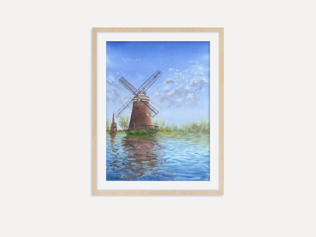 Windmill Reflections Fine Art Print, Dutch Countryside Watercolor Wall Art