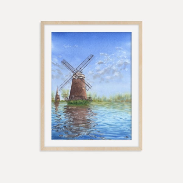 Windmill Reflections Fine Art Print, Dutch Countryside Watercolor Wall Art