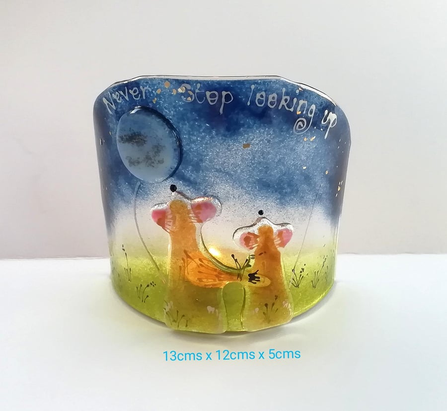 Dormouse and the moon tea light screen, fused glass door mouse duo, "Never stop 