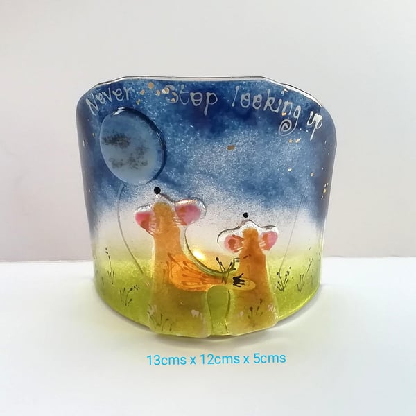 Dormouse and the moon tea light screen, fused glass door mouse duo, "Never stop 
