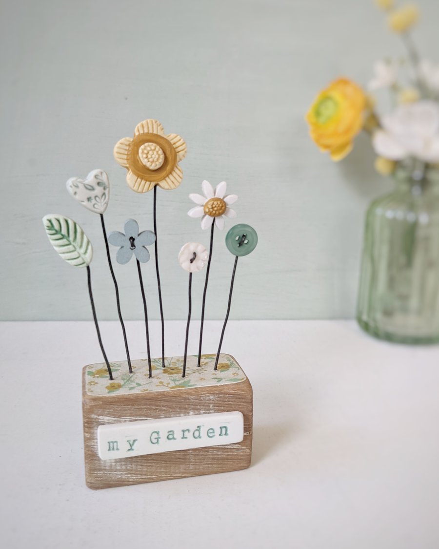 Clay and Button Flower Garden in a Wood Block 'My Garden'