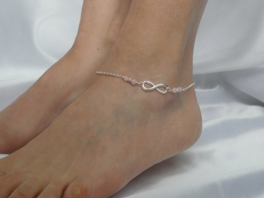 Silver infinity rose quartz gemstone ankle bracelet