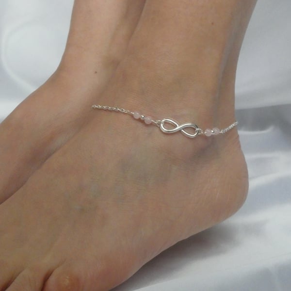 Silver infinity rose quartz gemstone ankle bracelet