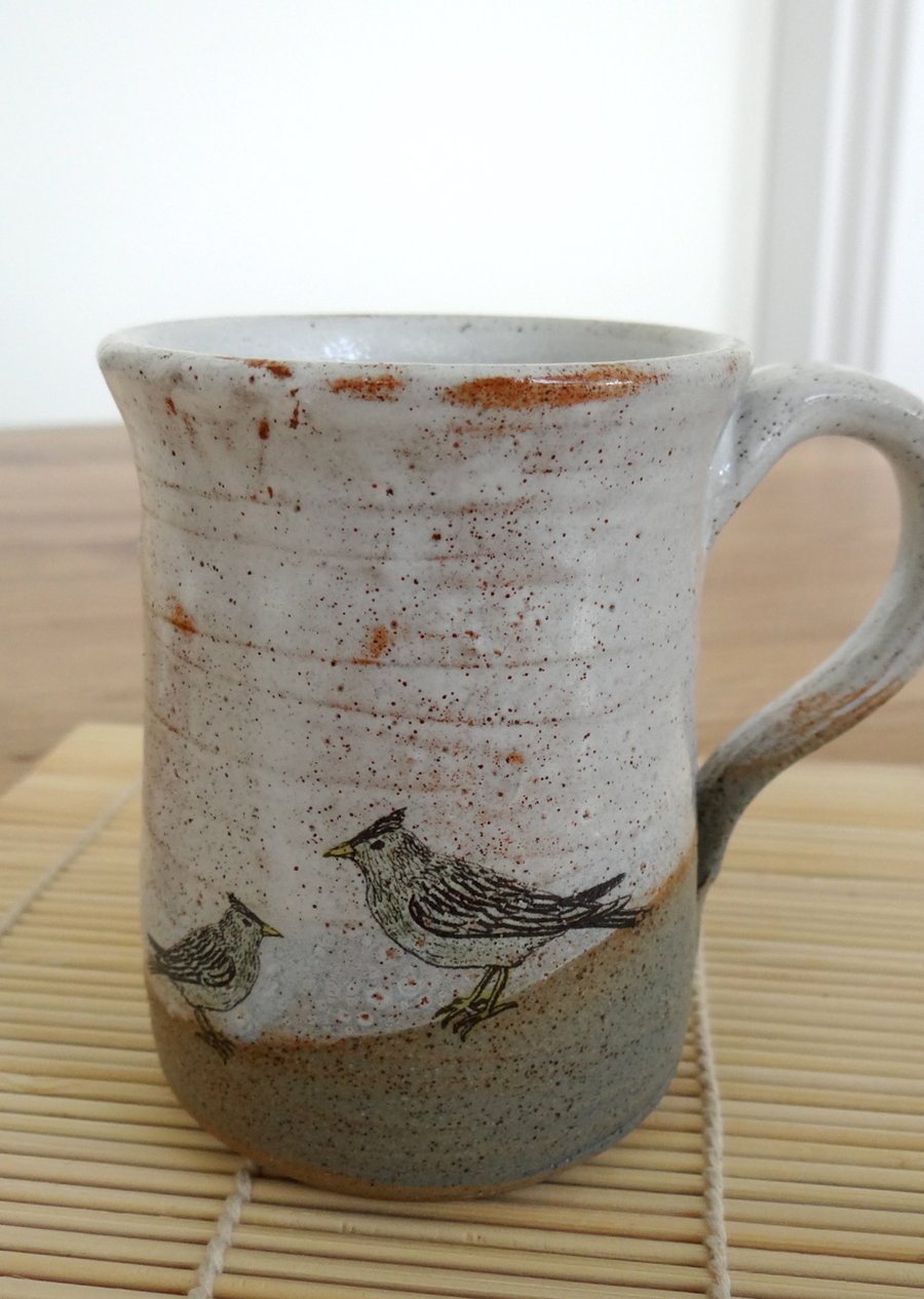 Rustic ceramic mug with bird images - handmade pottery