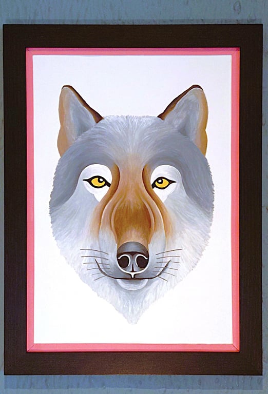 Handmade Unique Framed A3 Print Wolf Portrait Pink Border Wallart Gift