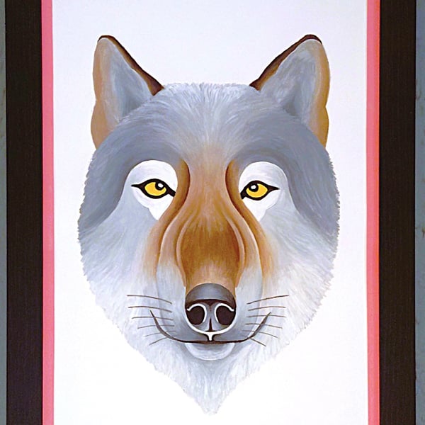 Handmade Unique Framed A3 Print Wolf Portrait Pink Border Wallart Gift