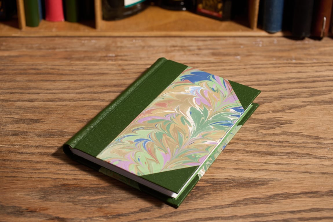 Hand bound A6 Journal or Notebook (Green). Untrimmed edges, 5mm dot-grid.