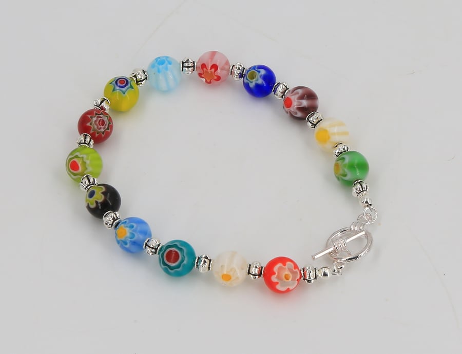 Multicoloured millefiori glass flower bead 8mm silver spacers toggle clasp