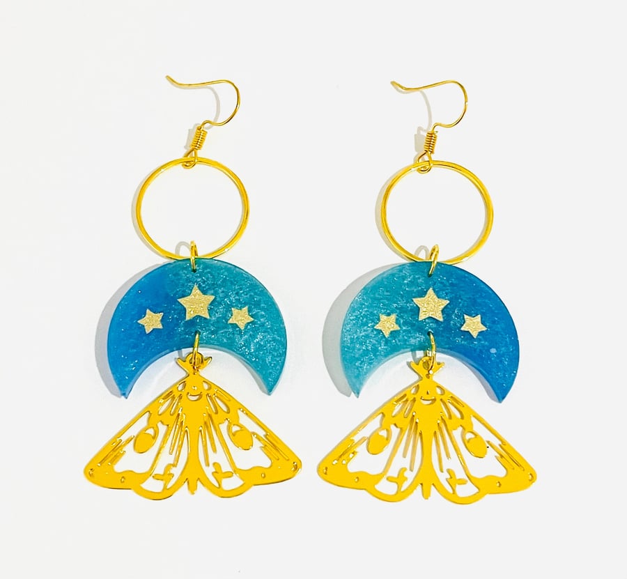 Celestial moth and moon earrings, statement earrings, celestial jewelry