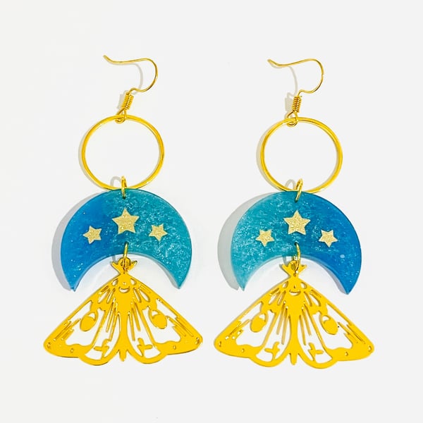 Celestial moth and moon earrings, statement earrings, celestial jewelry