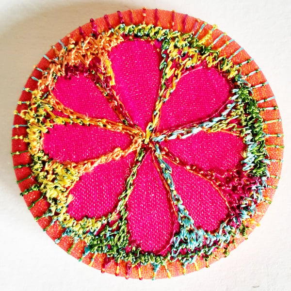 38mm Hand Dyed Fabric Flower Botanical Badge with Free Machine Embroidery 