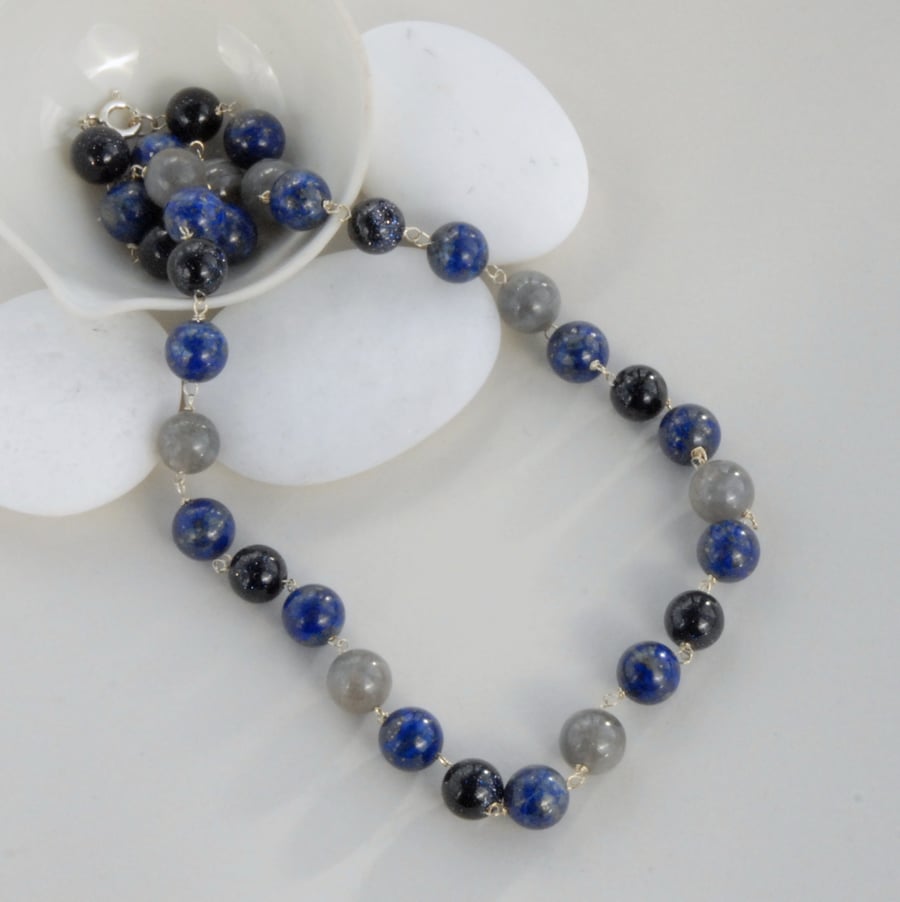 Royal blue lapis, navy goldstone and labradorite beaded sterling silver necklace