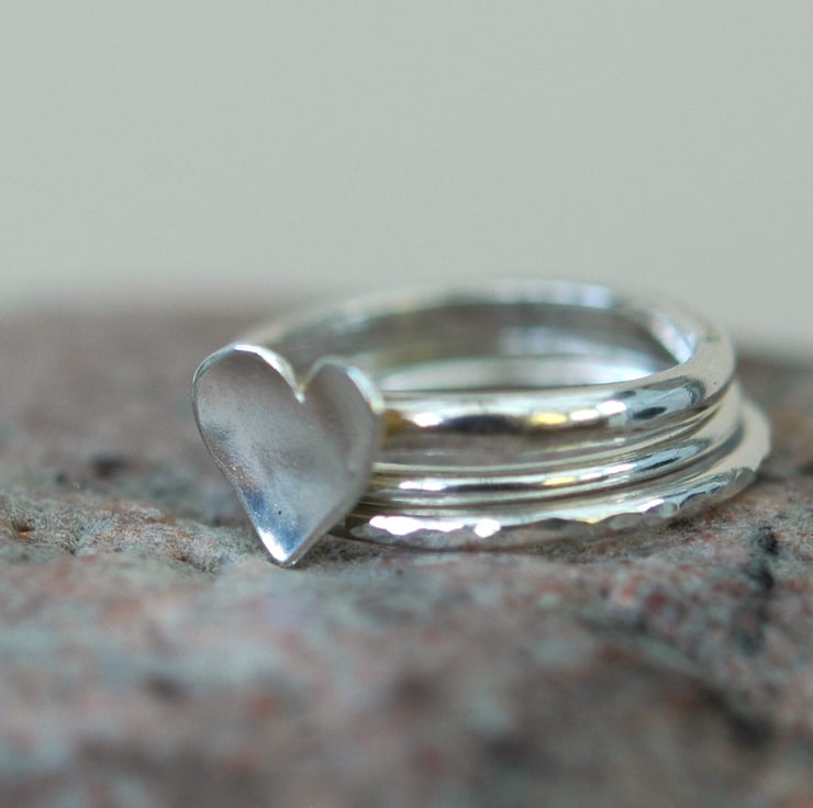 Trio of Silver Stacking Rings with Domed Heart.... - Folksy