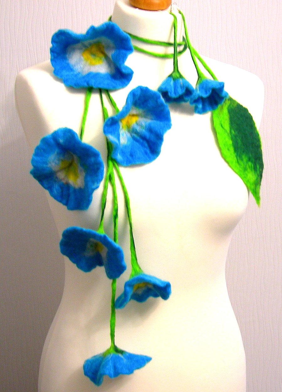 FELTED  NECKLACE -scarf- belt ---100%MERINO WOOL- blue  flowers -