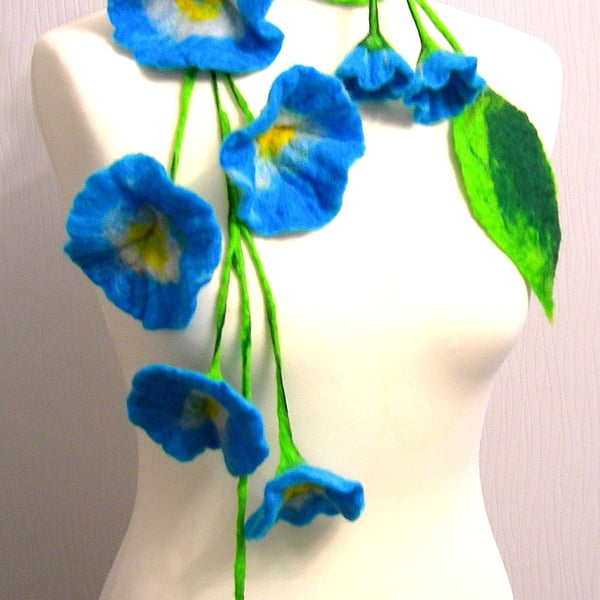 FELTED  NECKLACE -scarf- belt ---100%MERINO WOOL- blue  flowers -