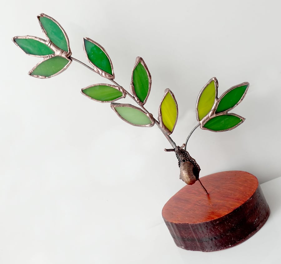 Leaf and Snail Glass Art Ornament  Stained Glass and Copper Finish.