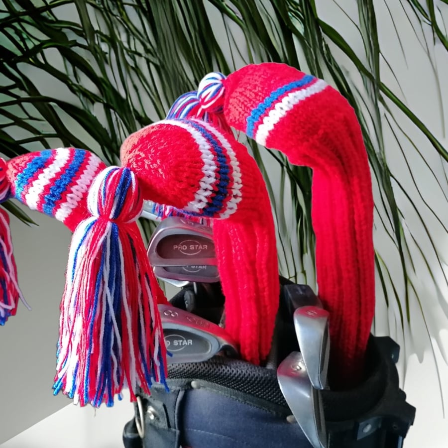 Red white and blue knitted golf headcovers Folksy