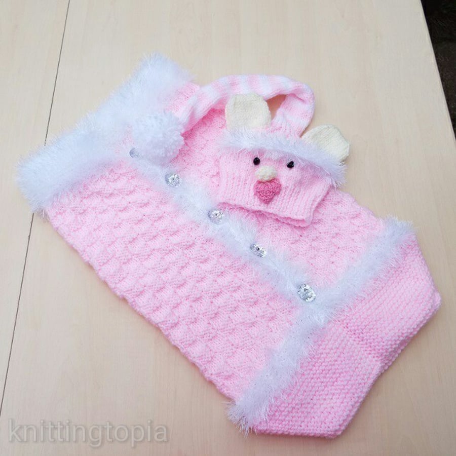 Hand knitted 'Little Pink Teddy' baby cocoon and hat - newborn - photo prop 