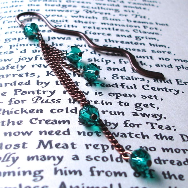 Bookmark with Teal Crystal and Chain Dangle