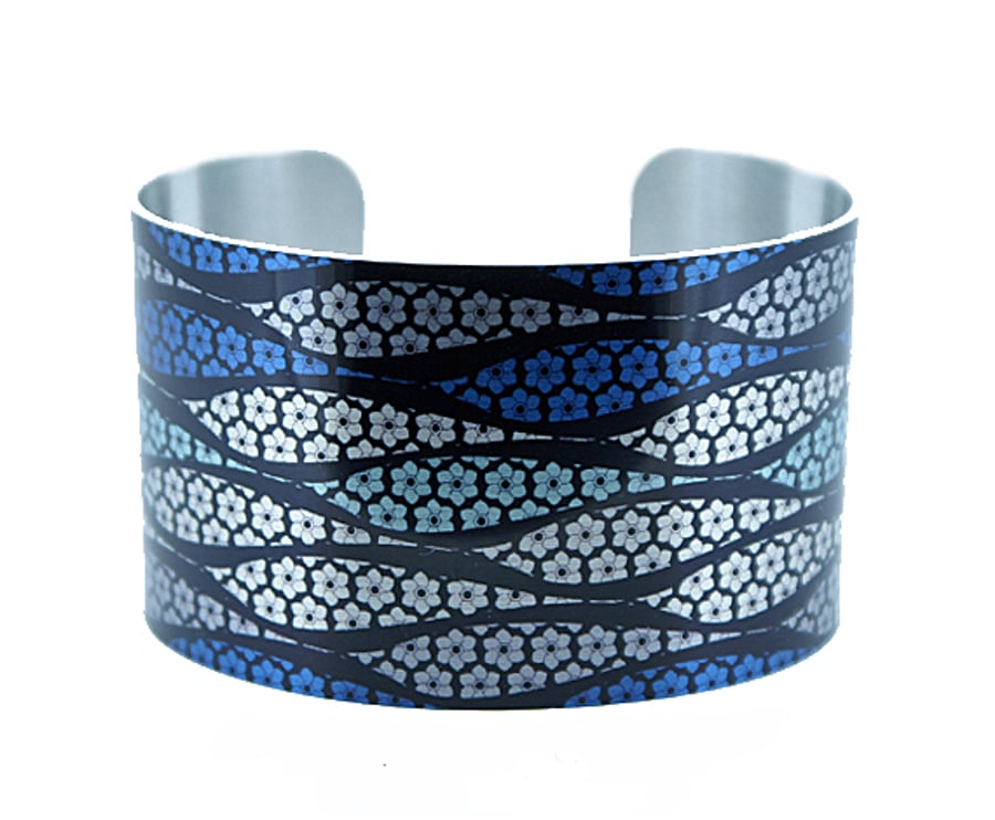 Artistic jewellery cuff bracelet, blue and brushed silver wide metal bangle.C280
