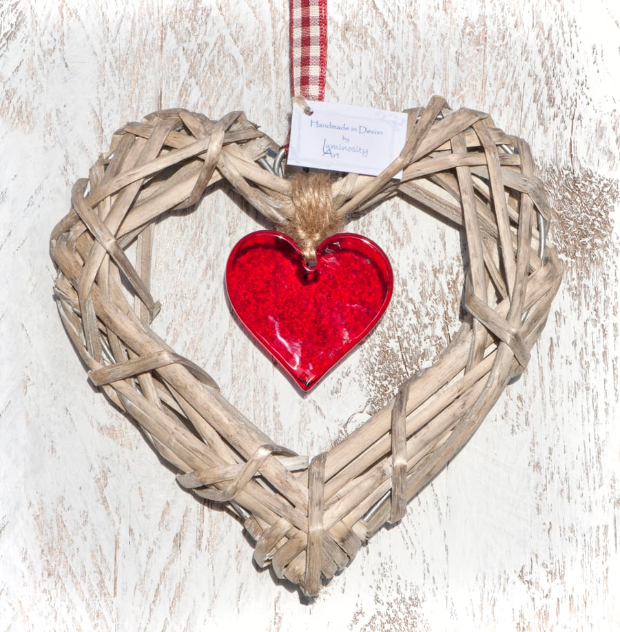 Wicker & Glass Hanging Heart - Red with co-ordinating Ribbon