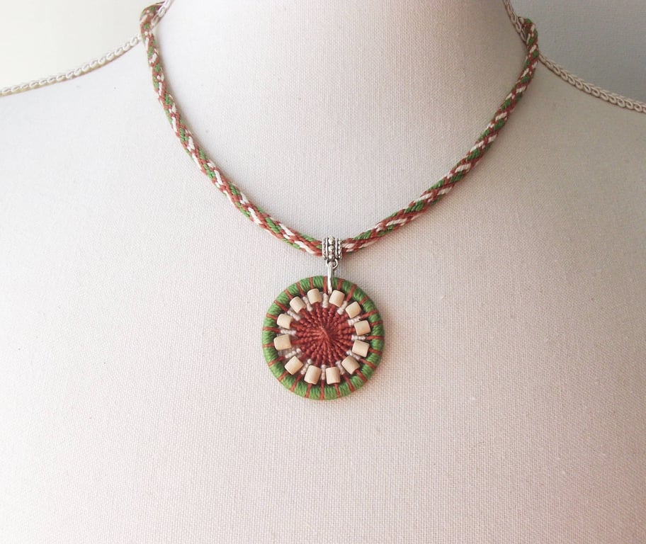 Handmade Dorset Button and Kumihimo Braid Necklace, Brown, Cream and Green