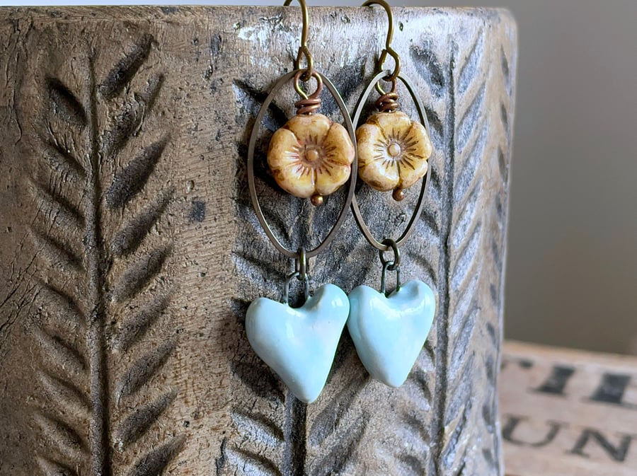 Handcrafted Blue Heart Earrings with Czech Glass Flowers – Ceramic Jewellery