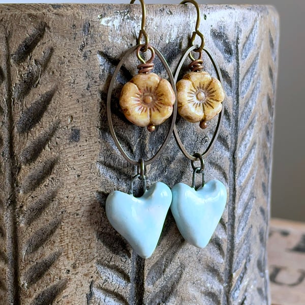 Artisan Ceramic Heart Earrings. Aqua Blue Heart Earrings. Glass Flower Earrings
