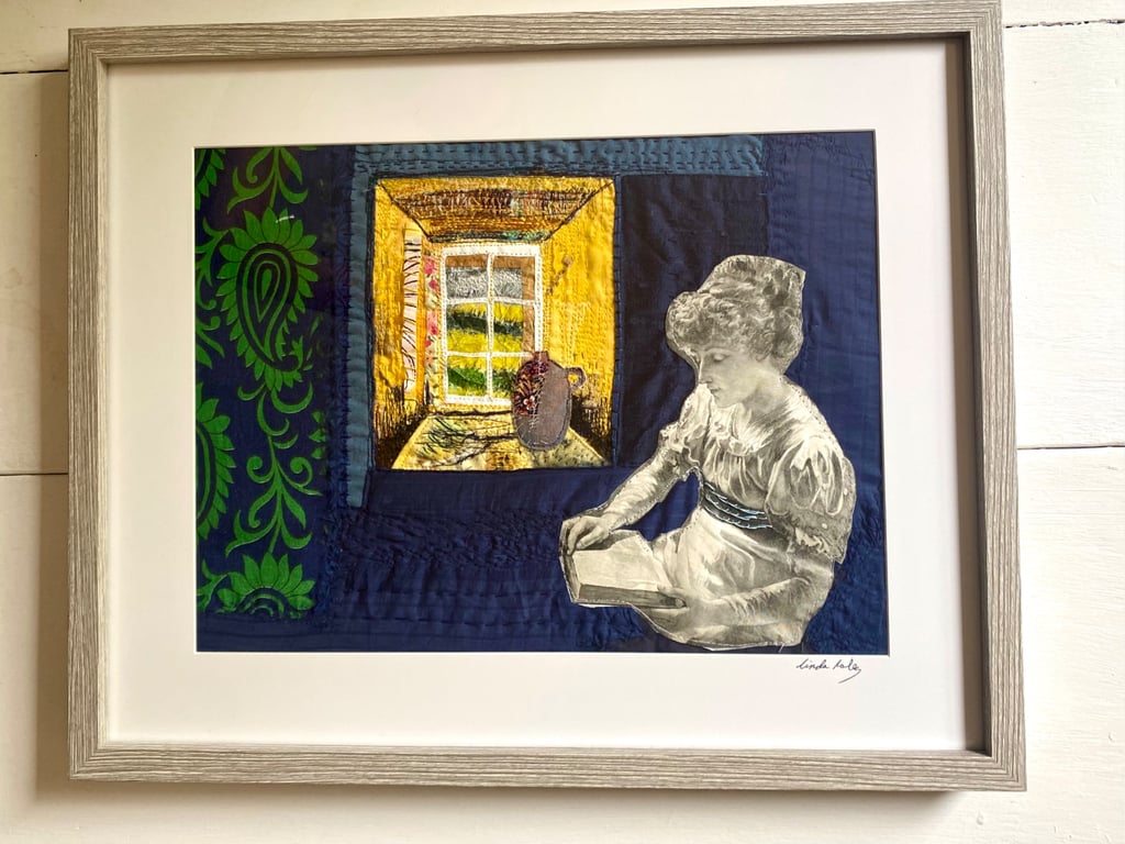 Quiet contemplation, an embroidered fabric and paper collage