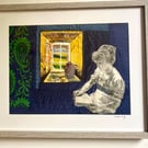 Quiet contemplation, an embroidered fabric and paper collage