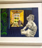 Quiet contemplation, an embroidered fabric and paper collage