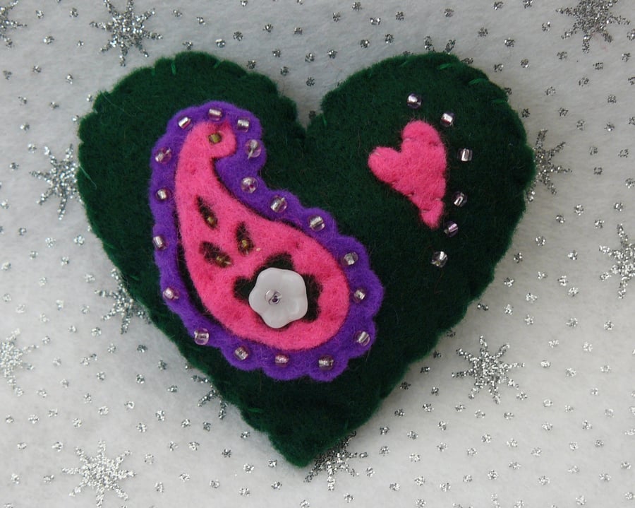 Softly Padded Paisley Heart Brooch - Valentine