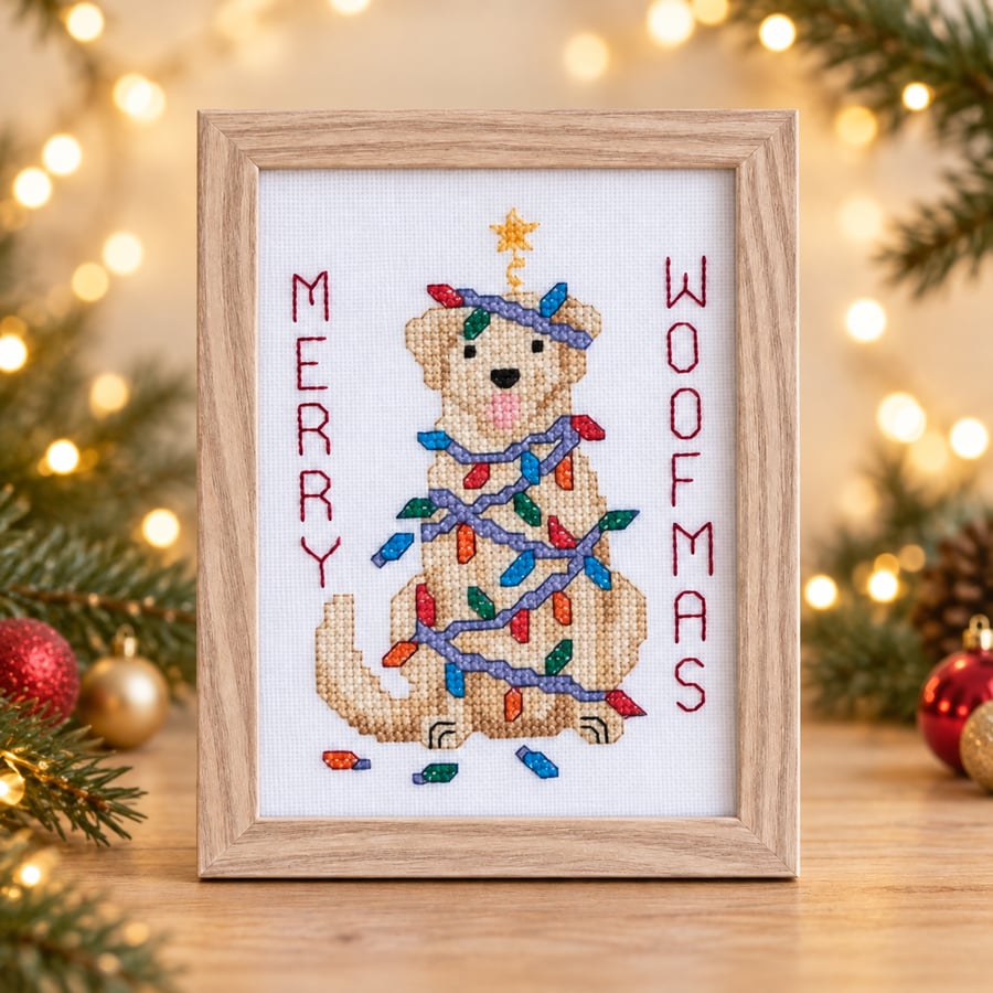 Merry Woofmas – Handmade Framed Dog Christmas Cross Stitch