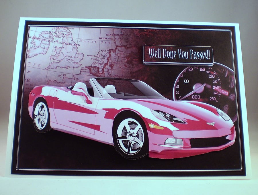 Handmade Passed Your Driving Test Card or Birthday ,3D, Pink Sports Car, 