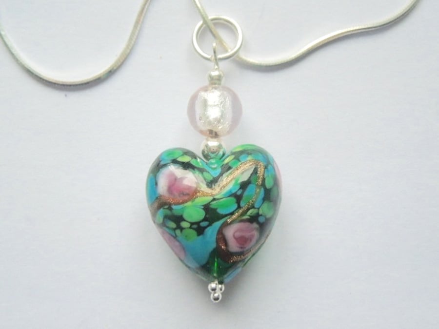 Green and pink Murano glass pendant with Swarovski and sterling silver.