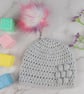 Grey Crochet Baby Hat, Newborn Beanie with Pink Faux Fur Pom Pom - Image 6