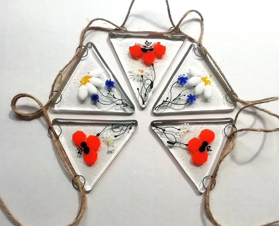 Fused Glass Bunting: Orange Poppy, Daisy & Cornflower Garland
