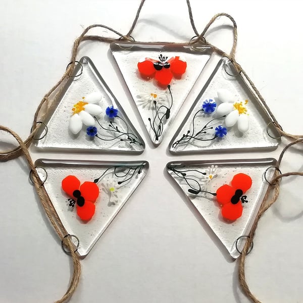 Fused Glass Bunting: Orange Poppy, Daisy & Cornflower Garland