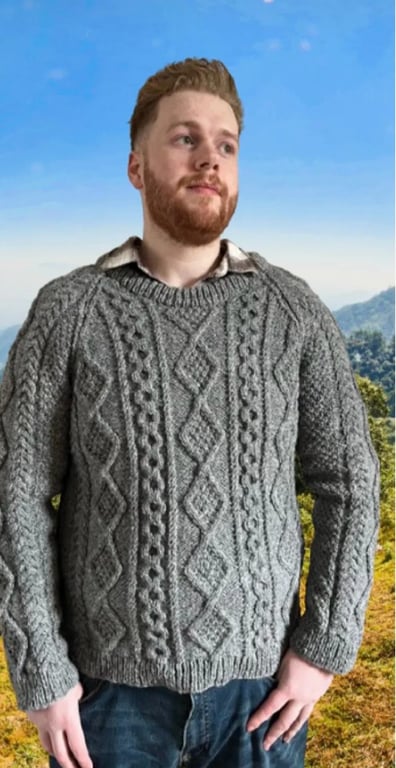 Grey Hand Knitted Aran Weight Shetland Wool Sweater Chest 107-112cms (42-44")