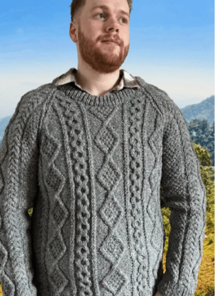 Grey Hand Knitted Aran Weight Shetland Wool Sweater Chest 107-112cms (42-44")