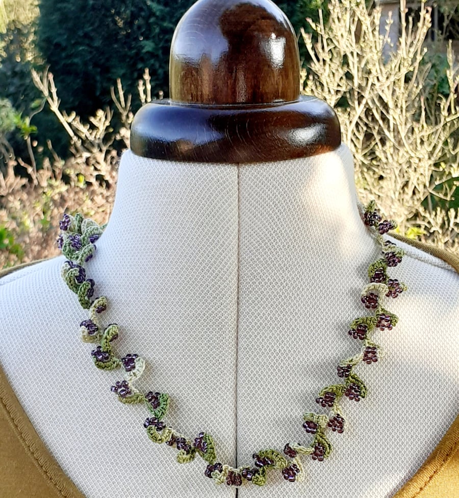 Crochet Cotton and Bead Necklace - Greens and Mauve